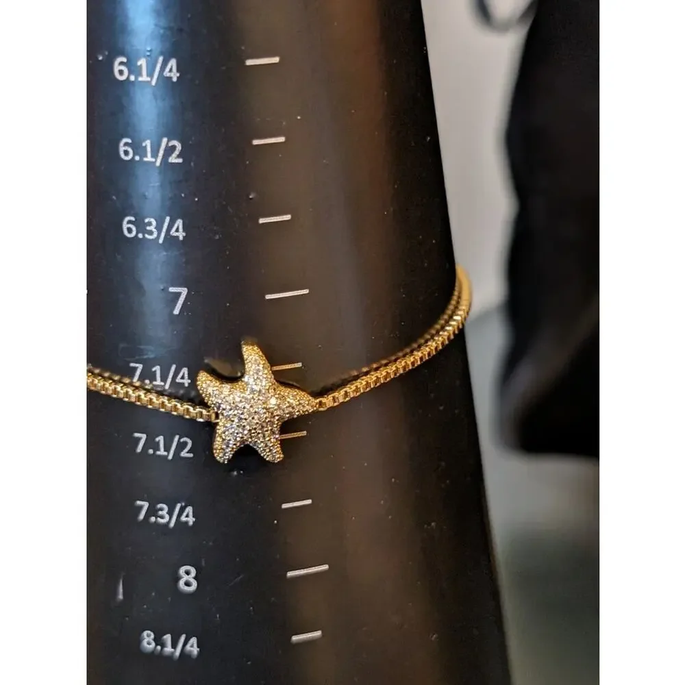 Gold Tone Rhodium Plated Box Chain Sparkle Starfish Adjustable Bracelet